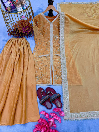 Haldi Wear Yellow Color Fendi Silk Embroidered Palazzo Suit Set