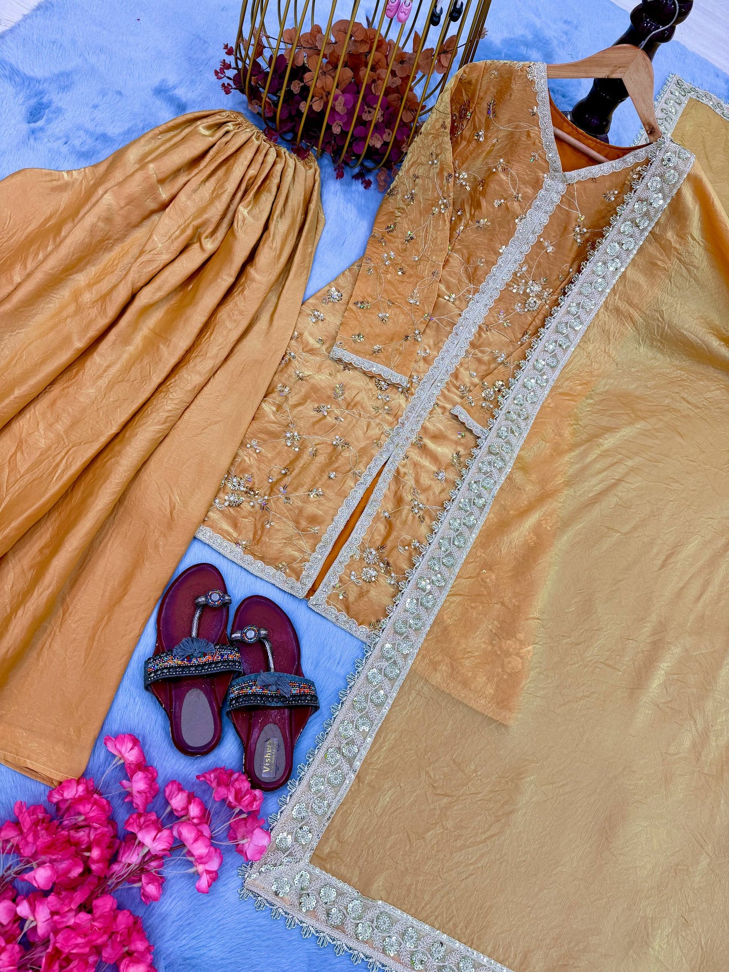 Haldi Wear Yellow Color Fendi Silk Embroidered Palazzo Suit Set