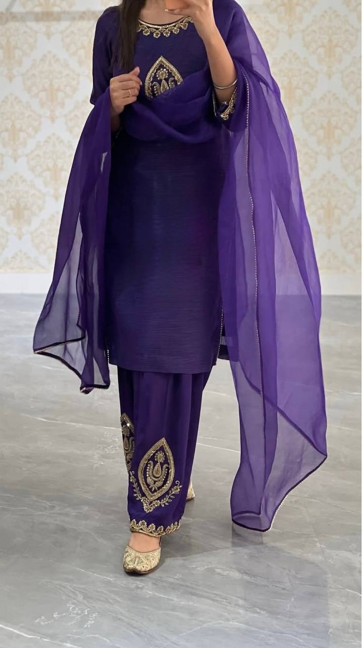 Wedding Wear Purple Color Embroidered Designer Palazzo Suit