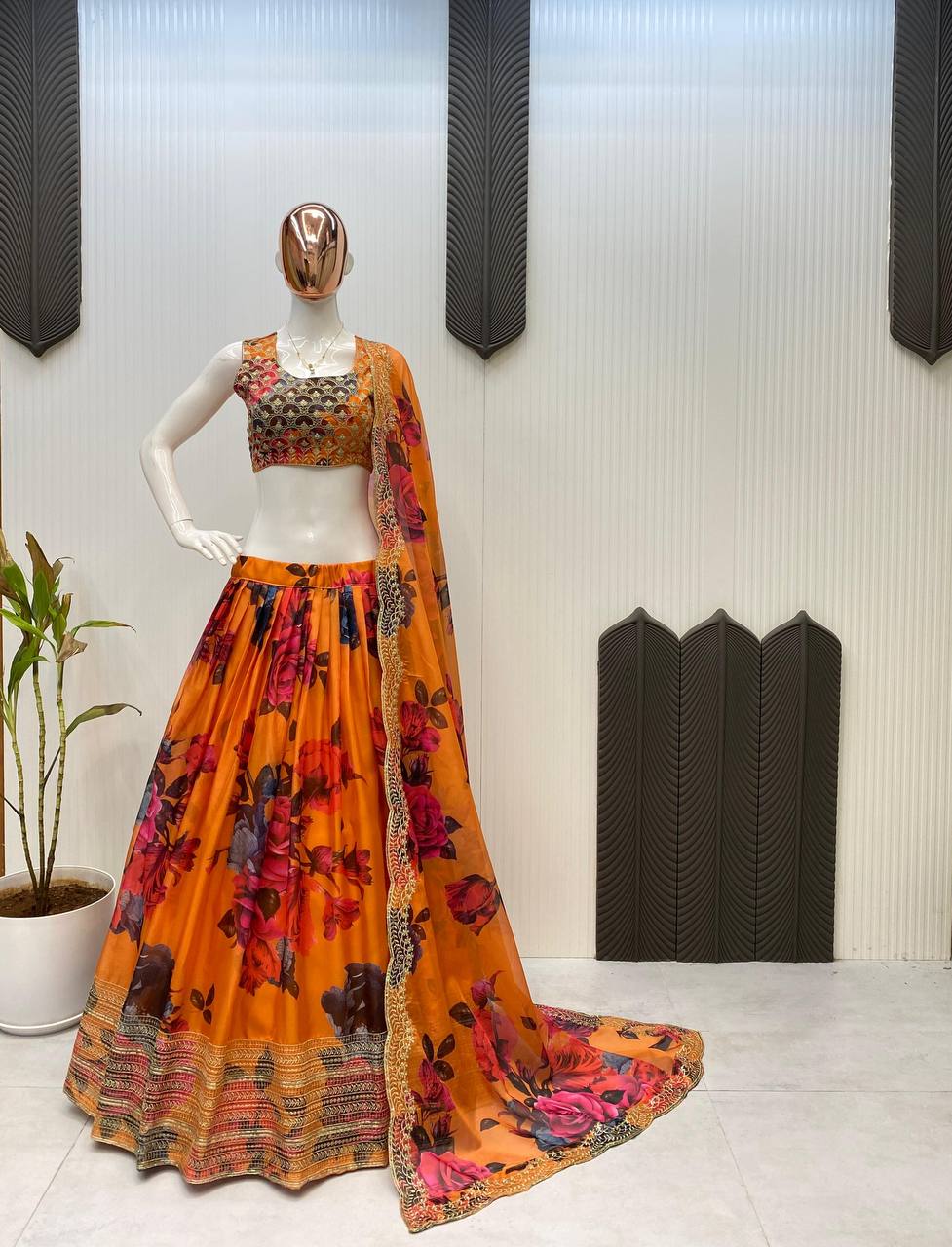 Ravishing Multi Color Tabby Organza Printed With Sequences Embroidery Work Lehenga Choli