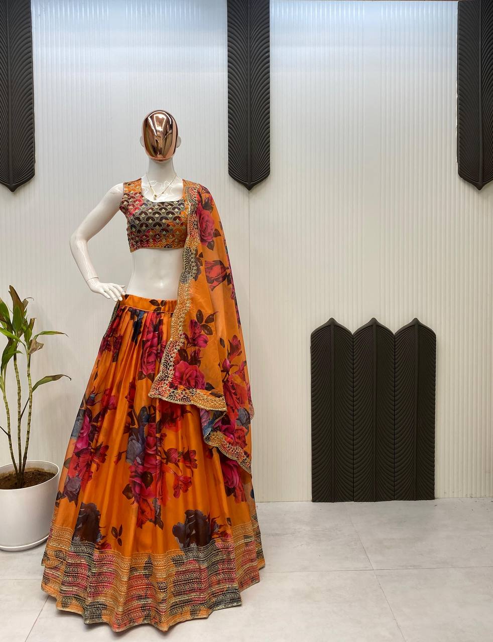 Ravishing Multi Color Tabby Organza Printed With Sequences Embroidery Work Lehenga Choli