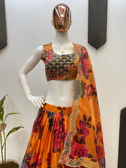 Ravishing Multi Color Tabby Organza Printed With Sequences Embroidery Work Lehenga Choli