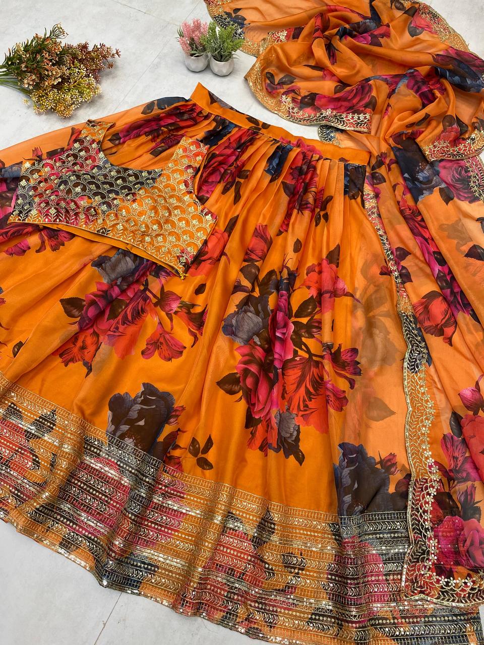 Ravishing Multi Color Tabby Organza Printed With Sequences Embroidery Work Lehenga Choli