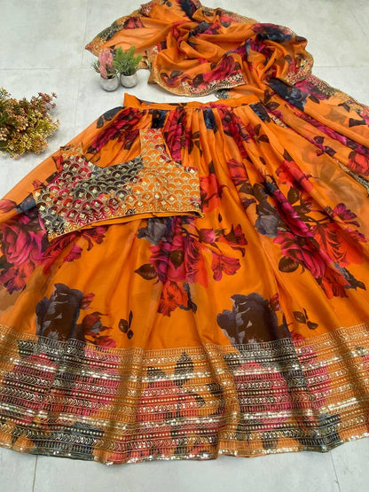 Ravishing Multi Color Tabby Organza Printed With Sequences Embroidery Work Lehenga Choli