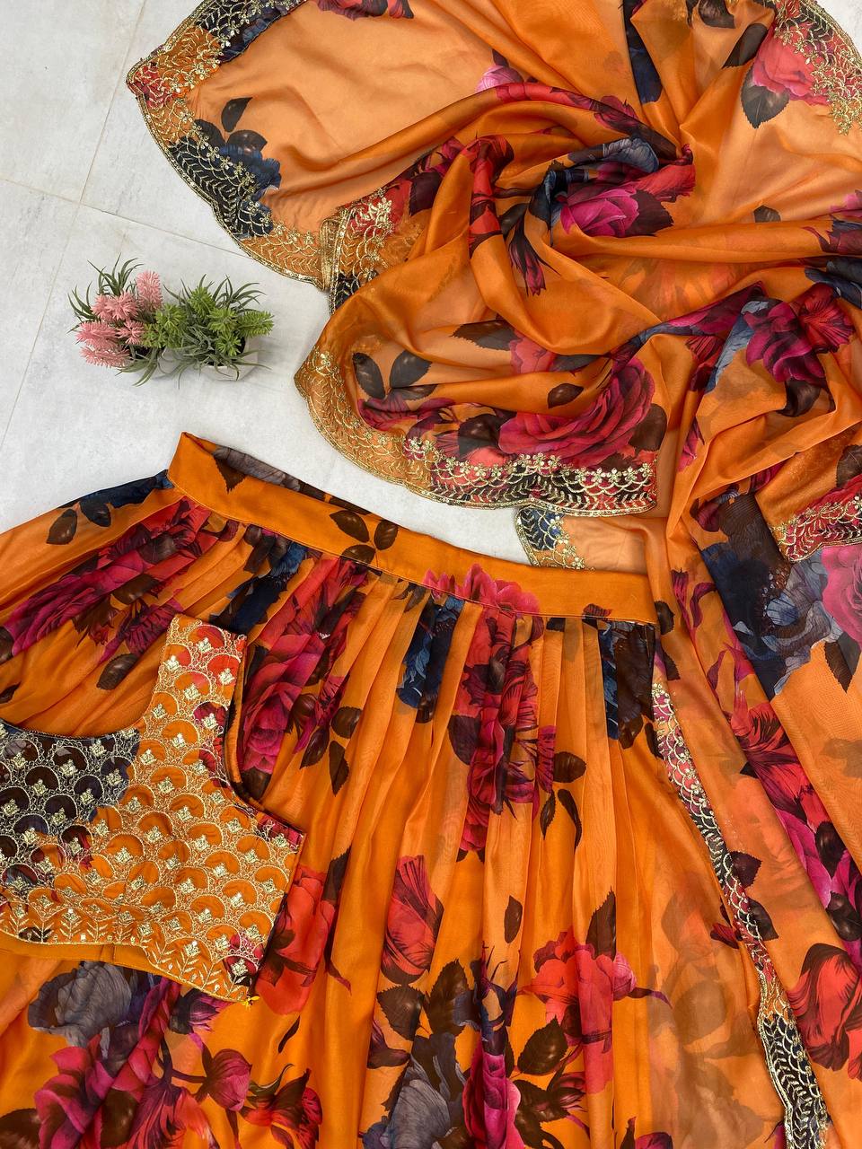 Ravishing Multi Color Tabby Organza Printed With Sequences Embroidery Work Lehenga Choli