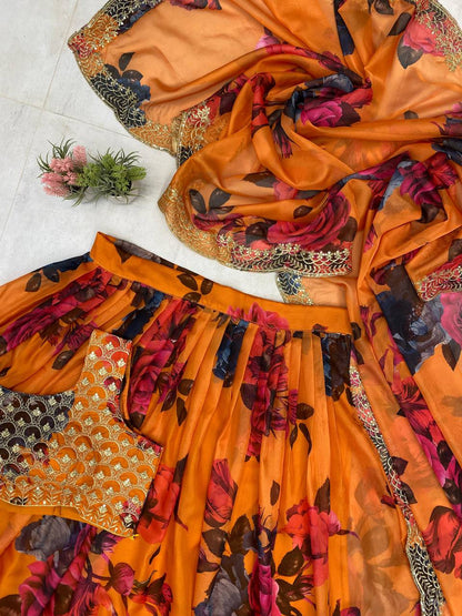 Ravishing Multi Color Tabby Organza Printed With Sequences Embroidery Work Lehenga Choli