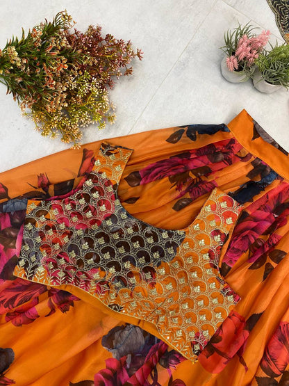 Ravishing Multi Color Tabby Organza Printed With Sequences Embroidery Work Lehenga Choli