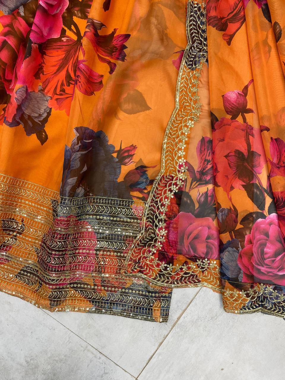 Ravishing Multi Color Tabby Organza Printed With Sequences Embroidery Work Lehenga Choli