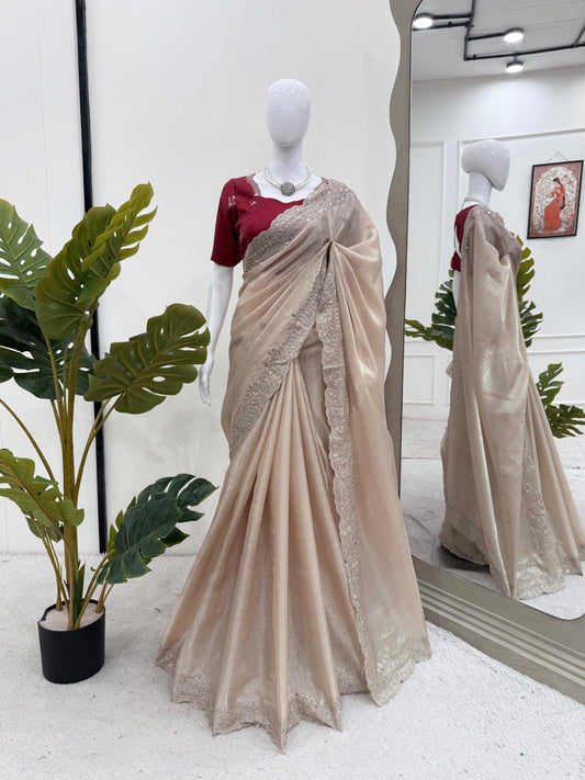 Party Wear Cream Color Jimmy Chu With Thread With Sequence Work Saree