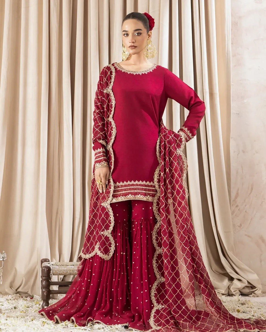 Wedding Wear Maroon Color Faux Georgette And Thread With Sequence Work Sharara Suit