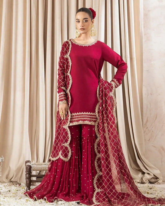 Wedding Wear Maroon Color Faux Georgette And Thread With Sequence Work Sharara Suit