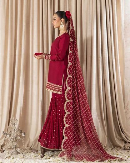 Wedding Wear Maroon Color Faux Georgette And Thread With Sequence Work Sharara Suit
