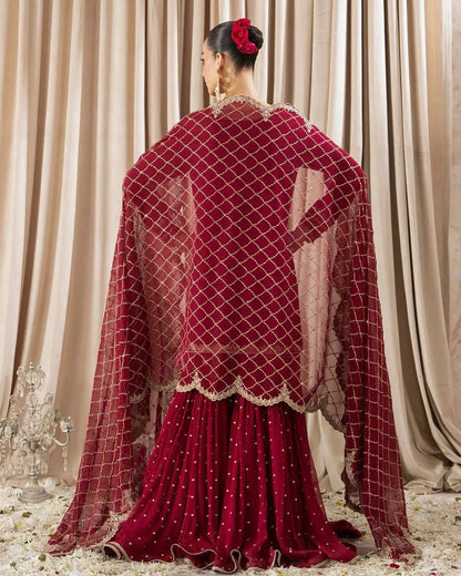 Wedding Wear Maroon Color Faux Georgette And Thread With Sequence Work Sharara Suit