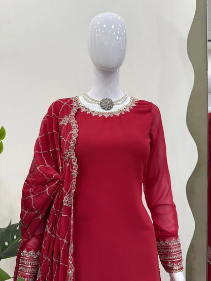 Wedding Wear Maroon Color Faux Georgette And Thread With Sequence Work Sharara Suit