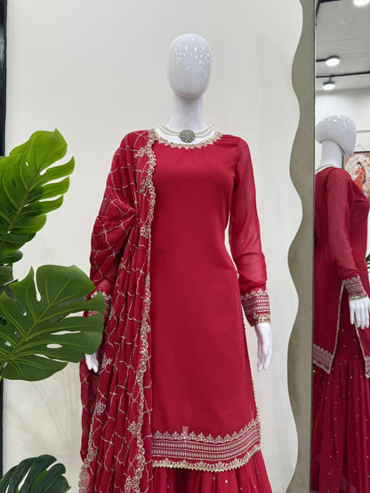 Wedding Wear Maroon Color Faux Georgette And Thread With Sequence Work Sharara Suit