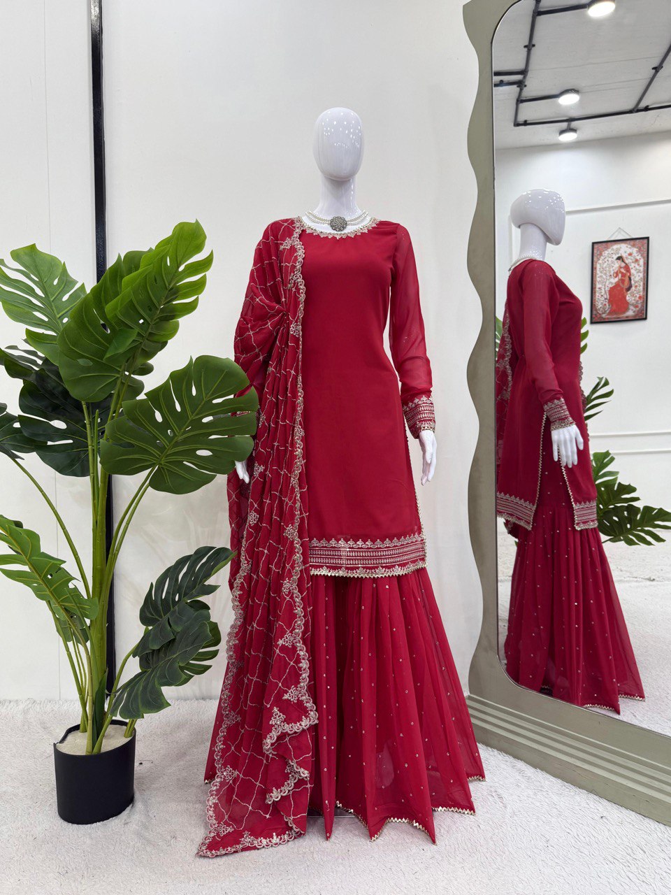 Wedding Wear Maroon Color Faux Georgette And Thread With Sequence Work Sharara Suit