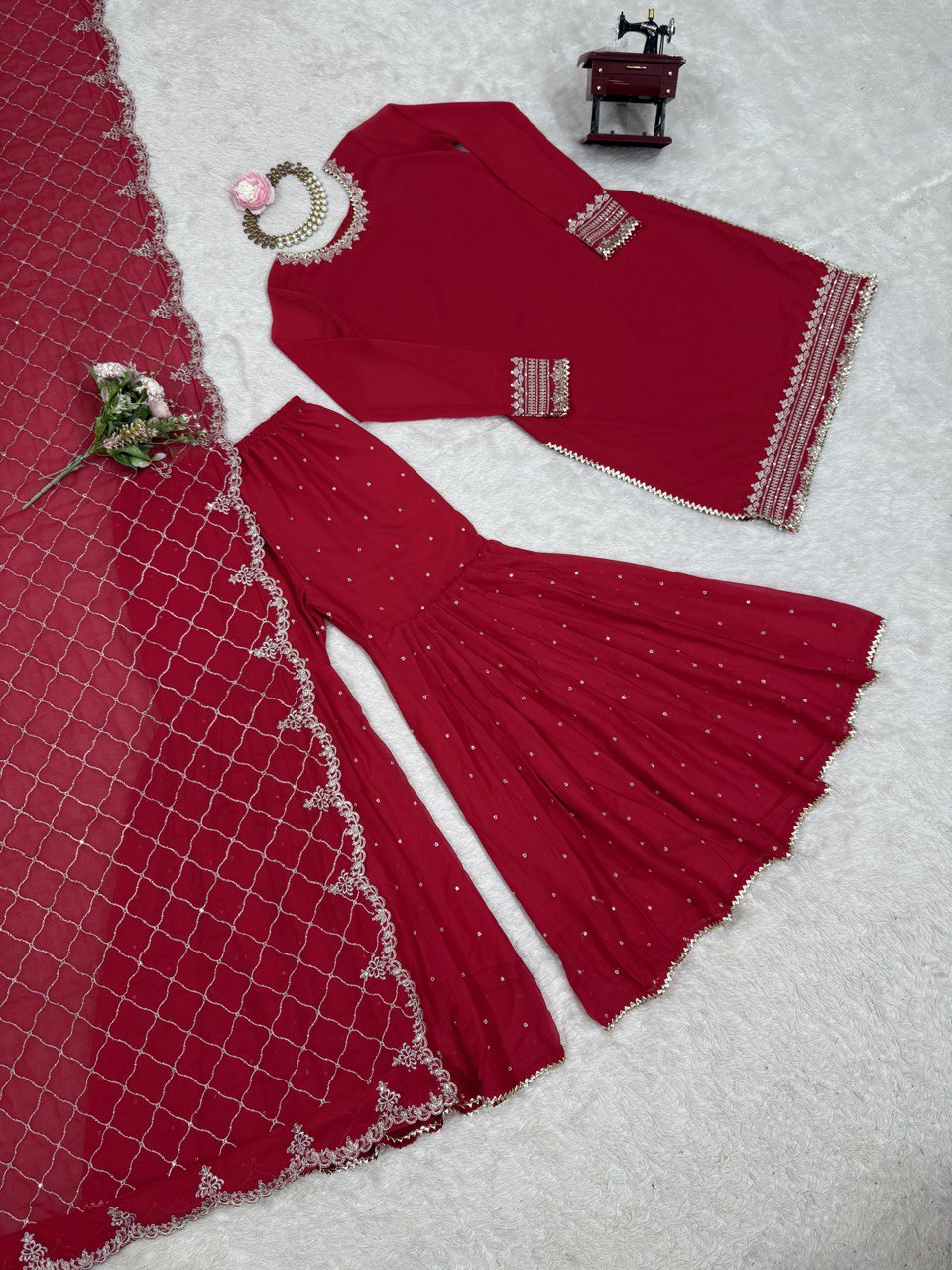 Wedding Wear Maroon Color Faux Georgette And Thread With Sequence Work Sharara Suit