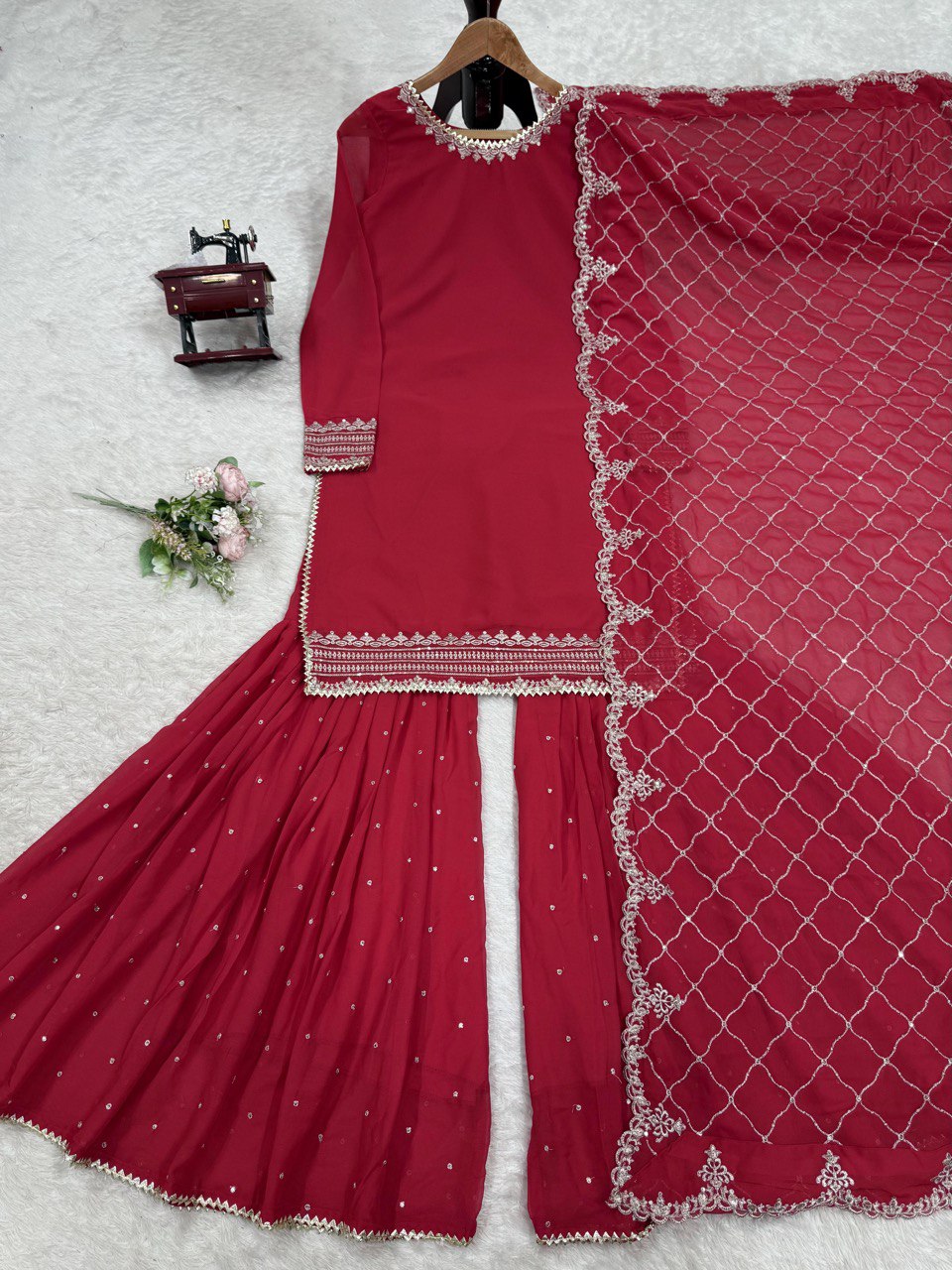 Wedding Wear Maroon Color Faux Georgette And Thread With Sequence Work Sharara Suit