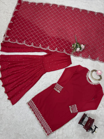 Wedding Wear Maroon Color Faux Georgette And Thread With Sequence Work Sharara Suit
