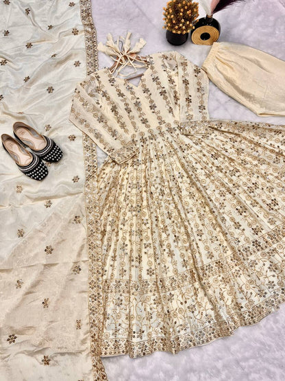 Alluring Cream Color Pure Chinon Silk With Sequence Embroidery Work Anarkali Suit