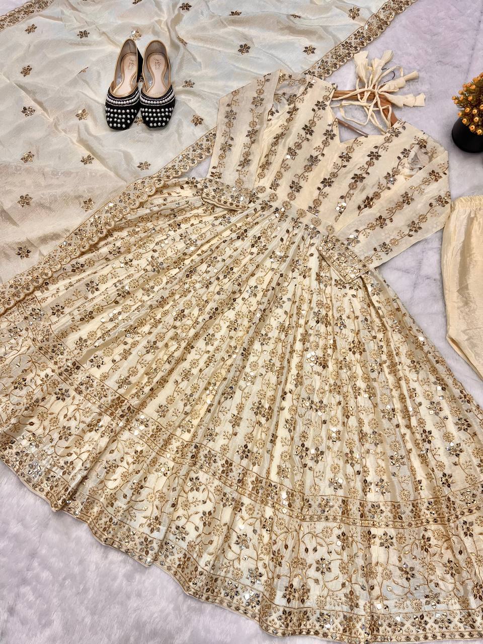 Alluring Cream Color Pure Chinon Silk With Sequence Embroidery Work Anarkali Suit