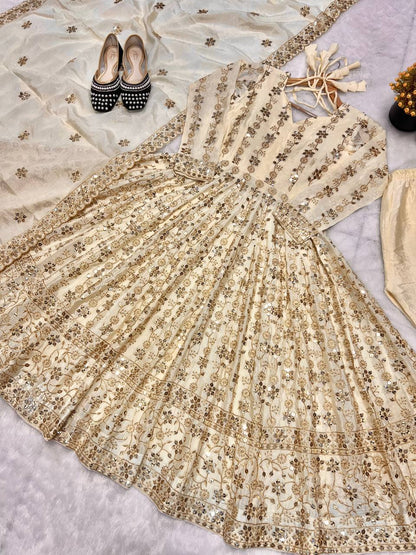 Alluring Cream Color Pure Chinon Silk With Sequence Embroidery Work Anarkali Suit