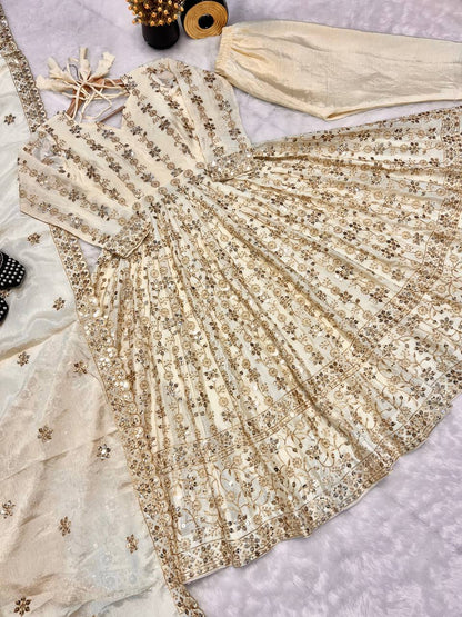 Alluring Cream Color Pure Chinon Silk With Sequence Embroidery Work Anarkali Suit