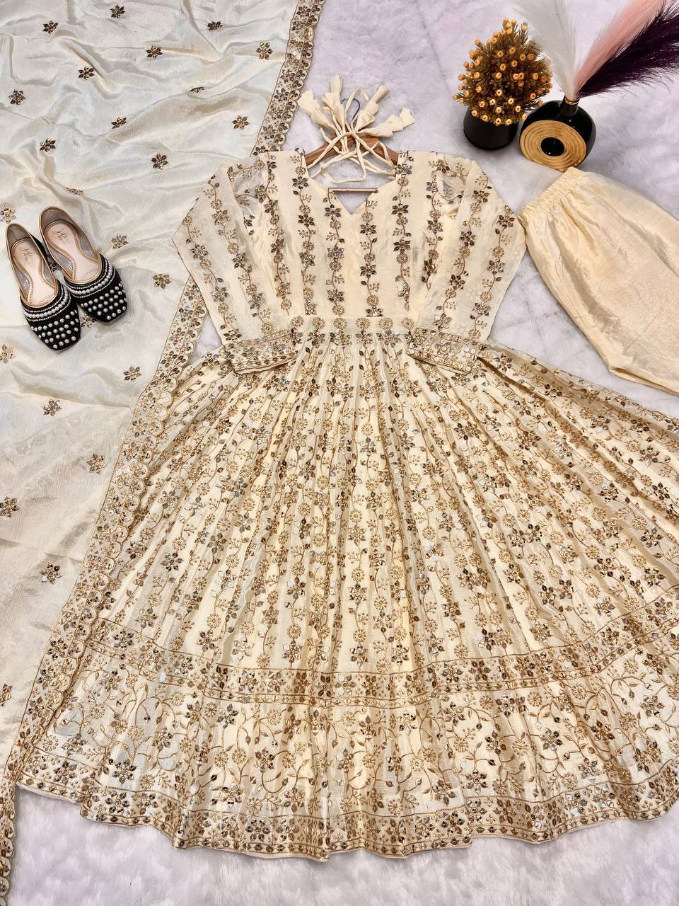 Alluring Cream Color Pure Chinon Silk With Sequence Embroidery Work Anarkali Suit