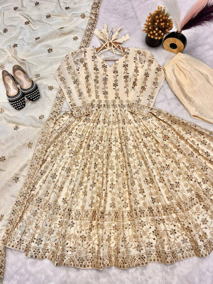 Alluring Cream Color Pure Chinon Silk With Sequence Embroidery Work Anarkali Suit
