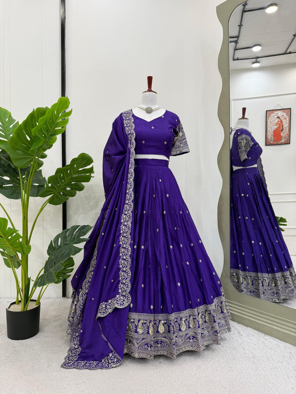 Wedding Wear Royal Blue Color Chinon Silk And Thread With Sequence Work Lehenga Choli