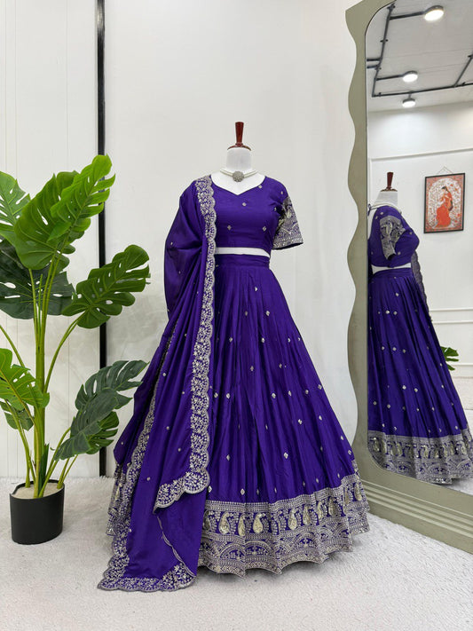 Wedding Wear Royal Blue Color Chinon Silk And Thread With Sequence Work Lehenga Choli