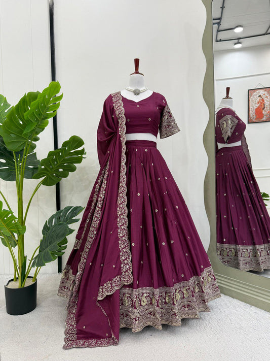 Wedding Wear Wine Color Chinon Silk And Thread With Sequence Work Lehenga Choli