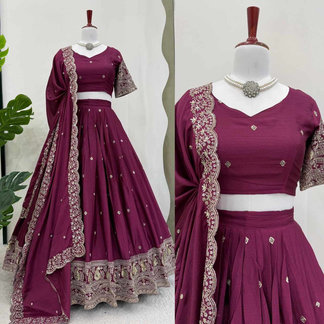 Wedding Wear Wine Color Chinon Silk And Thread With Sequence Work Lehenga Choli