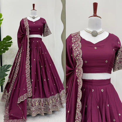 Wedding Wear Wine Color Chinon Silk And Thread With Sequence Work Lehenga Choli
