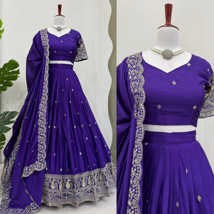 Wedding Wear Royal Blue Color Chinon Silk And Thread With Sequence Work Lehenga Choli