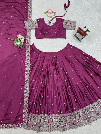 Wedding Wear Wine Color Chinon Silk And Thread With Sequence Work Lehenga Choli