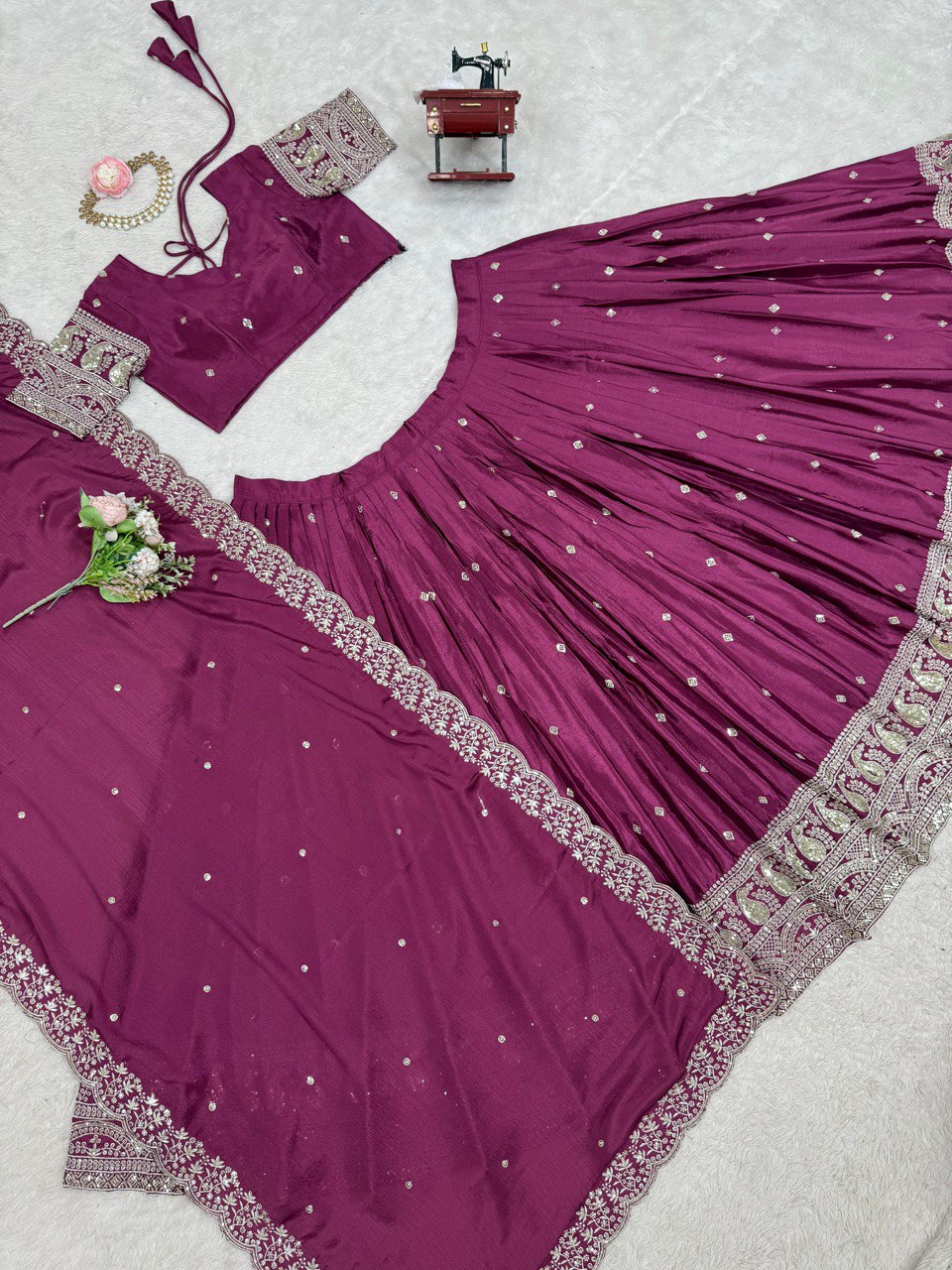 Wedding Wear Wine Color Chinon Silk And Thread With Sequence Work Lehenga Choli