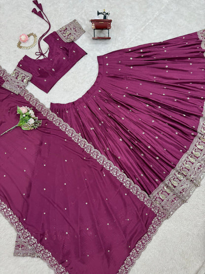 Wedding Wear Wine Color Chinon Silk And Thread With Sequence Work Lehenga Choli