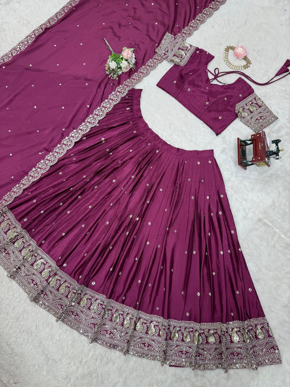 Wedding Wear Wine Color Chinon Silk And Thread With Sequence Work Lehenga Choli