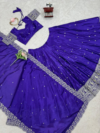 Wedding Wear Royal Blue Color Chinon Silk And Thread With Sequence Work Lehenga Choli
