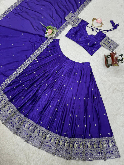 Wedding Wear Royal Blue Color Chinon Silk And Thread With Sequence Work Lehenga Choli
