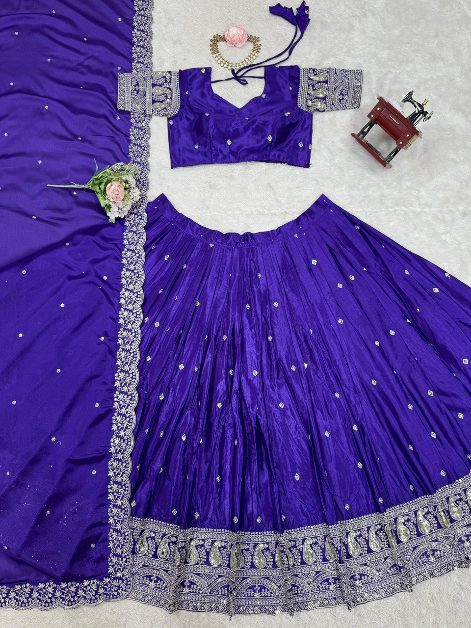Wedding Wear Royal Blue Color Chinon Silk And Thread With Sequence Work Lehenga Choli