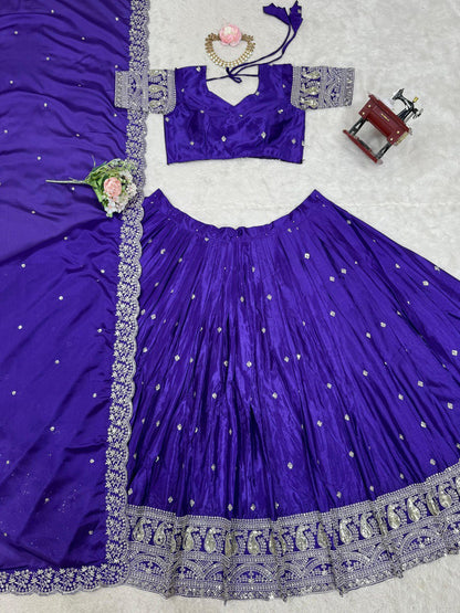 Wedding Wear Royal Blue Color Chinon Silk And Thread With Sequence Work Lehenga Choli