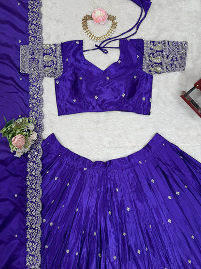 Wedding Wear Royal Blue Color Chinon Silk And Thread With Sequence Work Lehenga Choli