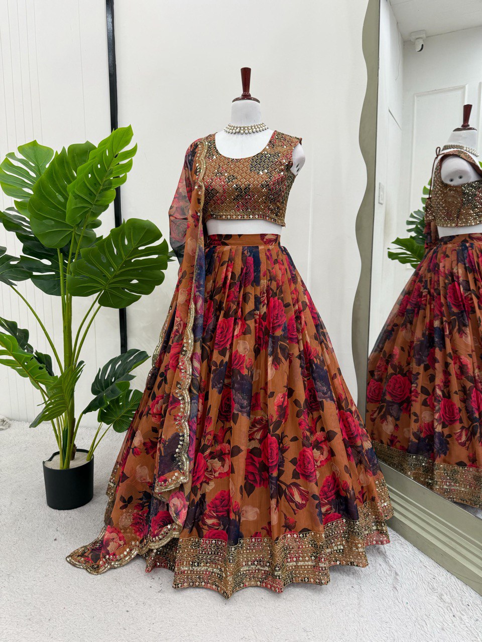 Ceremony Wear Orange Multi Color Tabby Organza With Digital Printed Lehenga Choli
