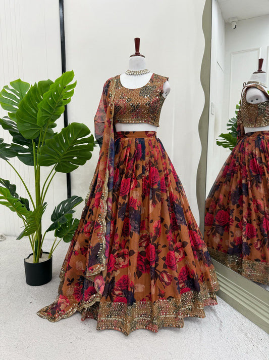 Ceremony Wear Orange Multi Color Tabby Organza With Digital Printed Lehenga Choli