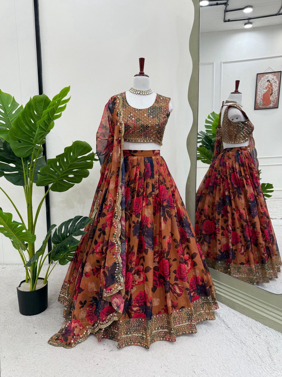 Ceremony Wear Orange Multi Color Tabby Organza With Digital Printed Lehenga Choli