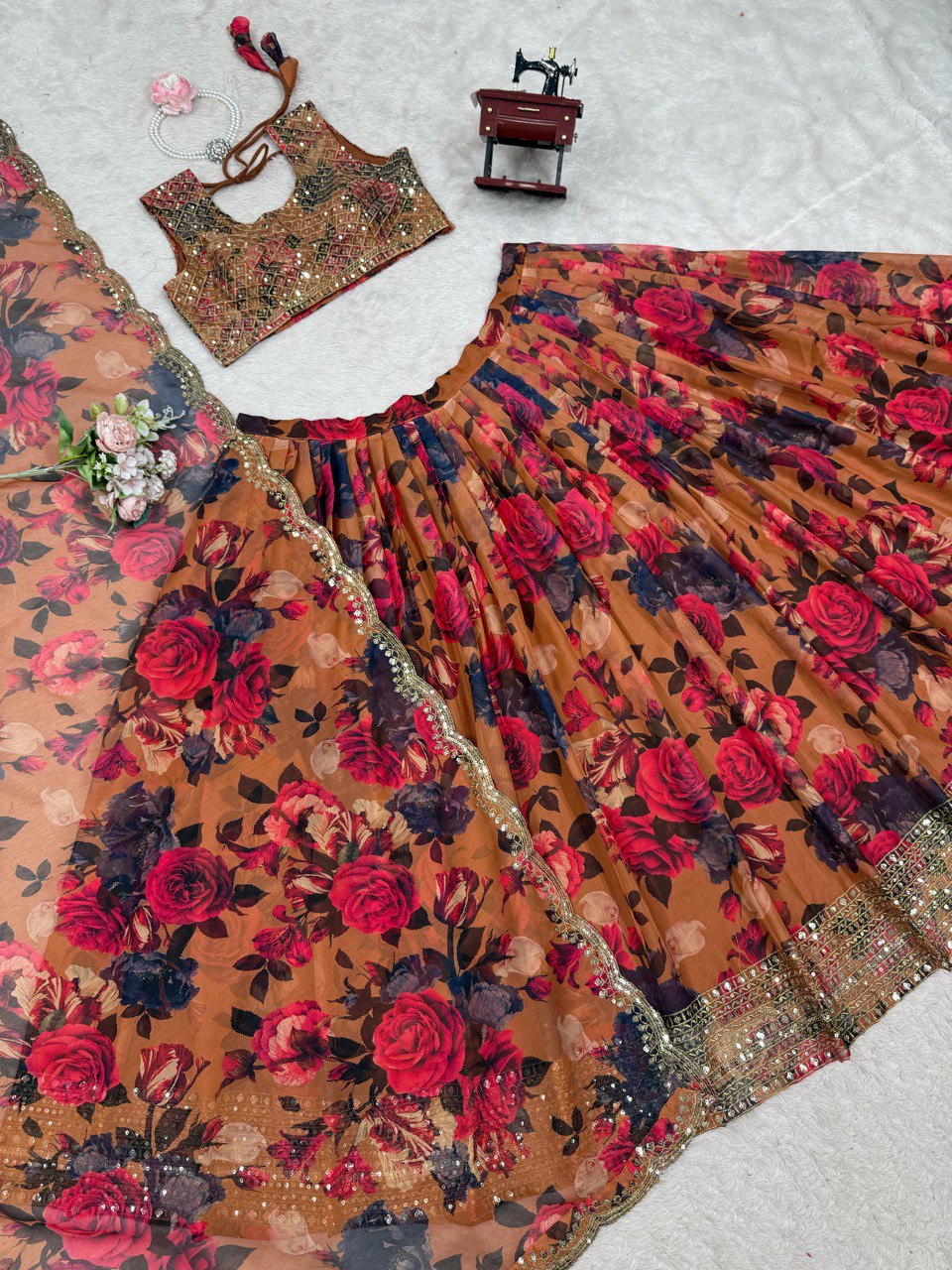 Ceremony Wear Orange Multi Color Tabby Organza With Digital Printed Lehenga Choli