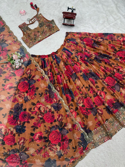 Ceremony Wear Orange Multi Color Tabby Organza With Digital Printed Lehenga Choli