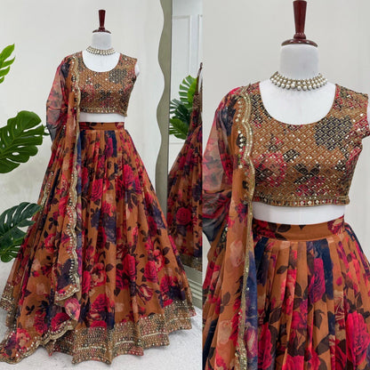 Ceremony Wear Orange Multi Color Tabby Organza With Digital Printed Lehenga Choli
